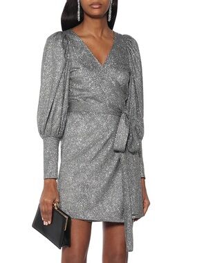 NWT RHODE Frankie Glitter Metallic Wrap Mini Dress Silver S
